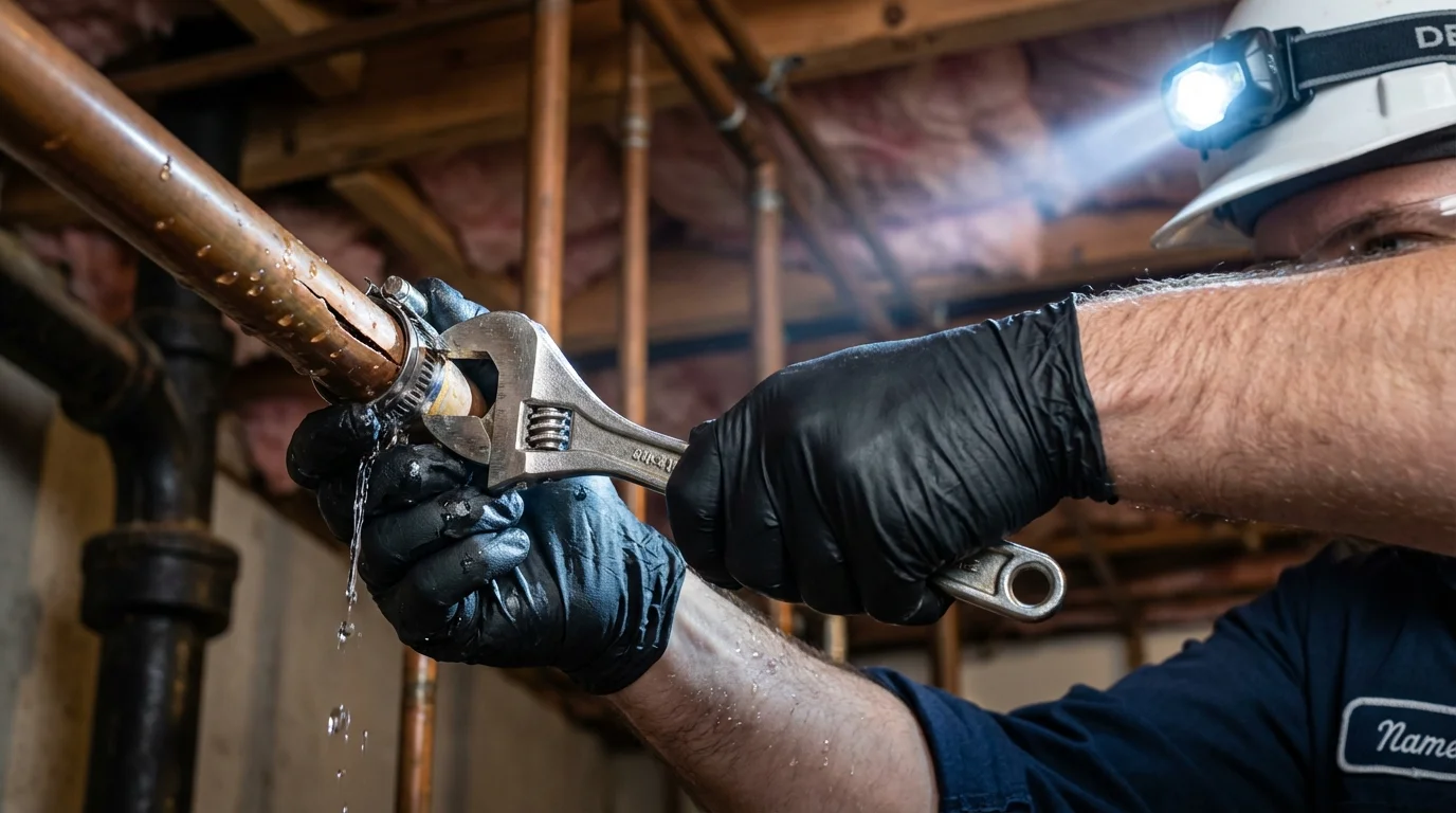 Emergency pipe clamp repair being performed by a Johns Plumbing LLC plumber in Kersey