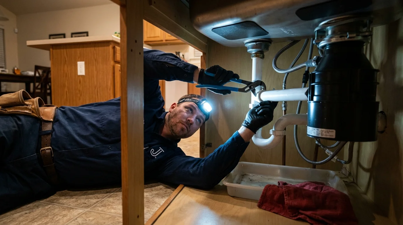 P-trap and supply line connections under a kitchen sink showing a common leak point in Kersey, CO